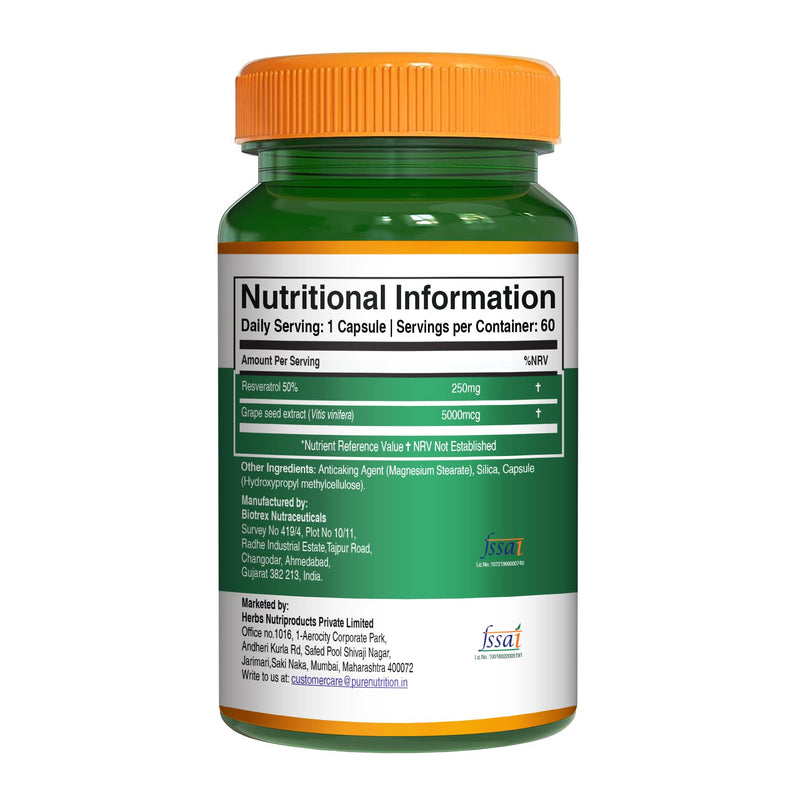 Pure Nutrition Resveratrol 250mg with Grape Seed Extract 5000mcg | 60 Caps | Powerful Antioxidant for a Healthy Heart Function | Non-GMO