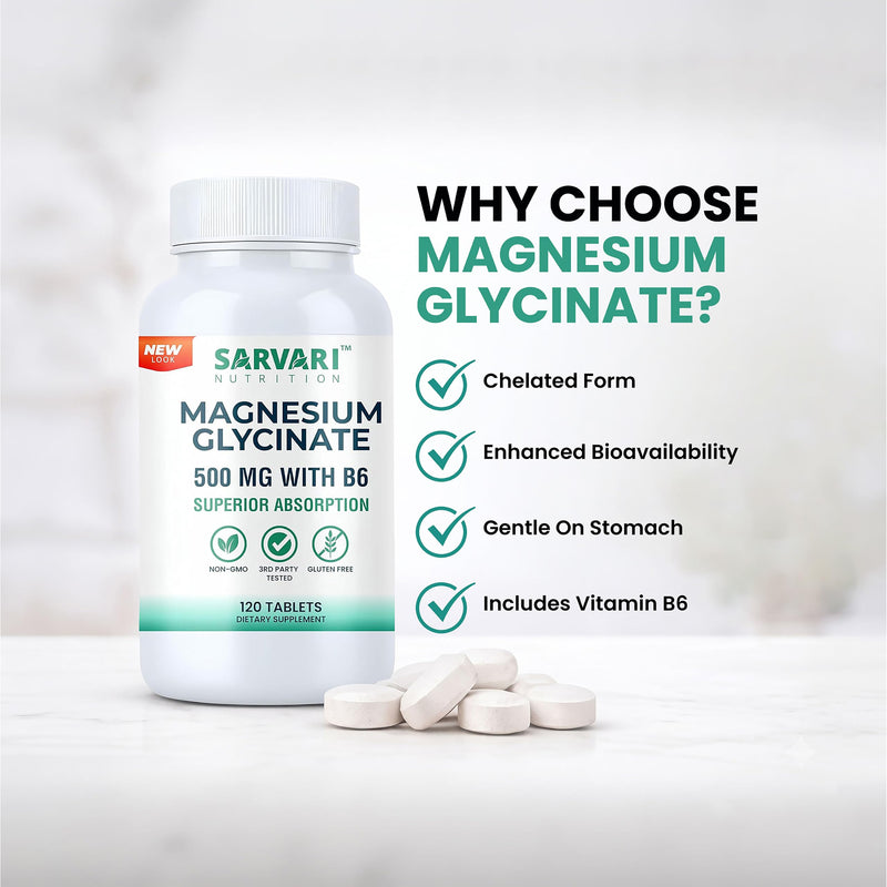 Magnesium Glycinate Supplement 500mg |120 Vegetarian Tablets, Added Vitamin B6 for Enhanced Absorption | Made in USA, 3rd Party Tested, Non-GMO & Gluten Free.