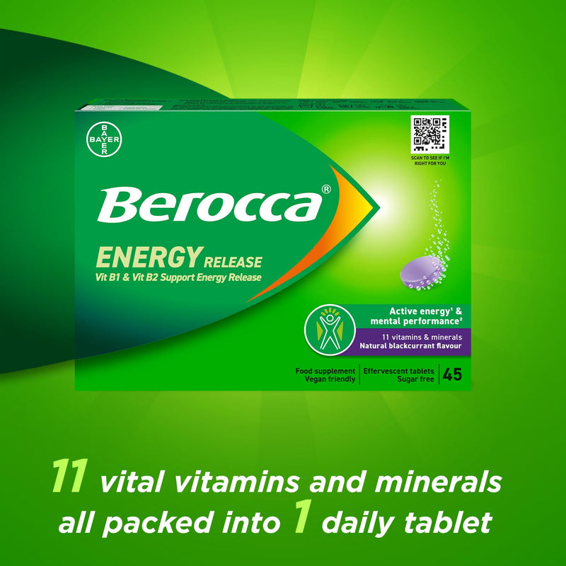 Berocca Vitamin C Effervescent Tablets - Including B Vitamins, Magnesium, Calcium & Zinc - Support Energy Release & Immune System - 45 Tablets - Blackcurrant Flavour