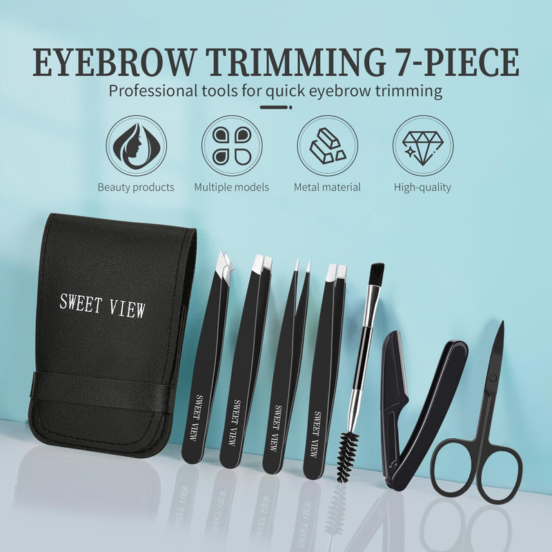 [Australia] - SWEET VIEW 7 Piece Tweezer Set Eyebrow Plucker for Women Men Face Brow Chin Ingrown Hair (Black) Black 