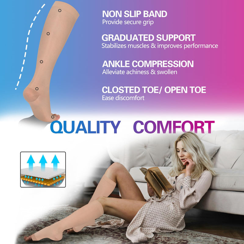[Australia] - Sheer Compression Stockings for Women, 15-20 mmHg Knee High Circulation Support Stockings, Graduated Medical Compression Socks for Travel, Flight L Beige-Open Toe 
