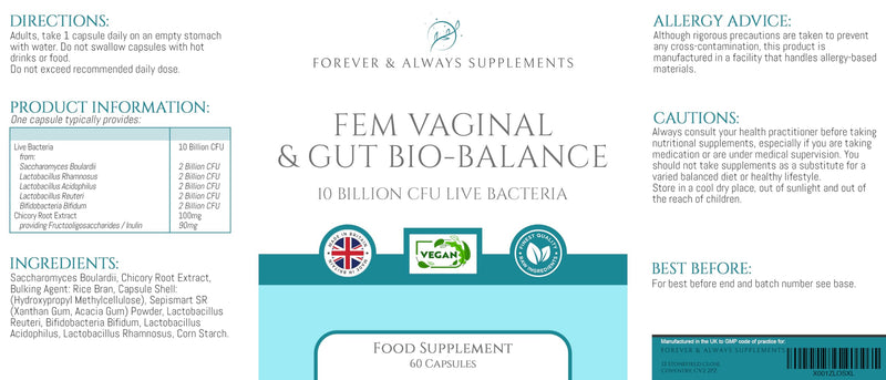 Fem Vaginal & Gut Bio-Balance - 2 Months Supply - Vegan Vaginal probiotics for Women 10 Billion CFU- Candida Yeast Balance, Urinary, Bacterial Vaginosis (BV), UTI, Good Bacteria & Gut Health Support