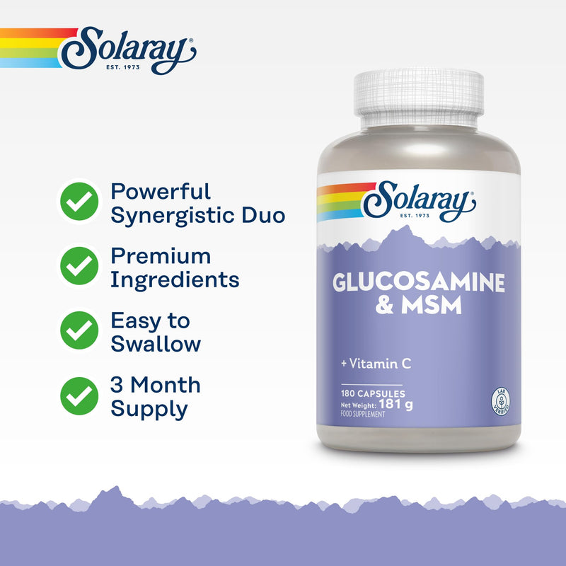 Solaray Glucosamine, MSM & Vitamin C – 180 Capsules – 3 Month Supply – Joint Complex for Men and Women with 500mg Glucosamine, 1000mg MSM & 50mg Vitamin C – Lab Verified