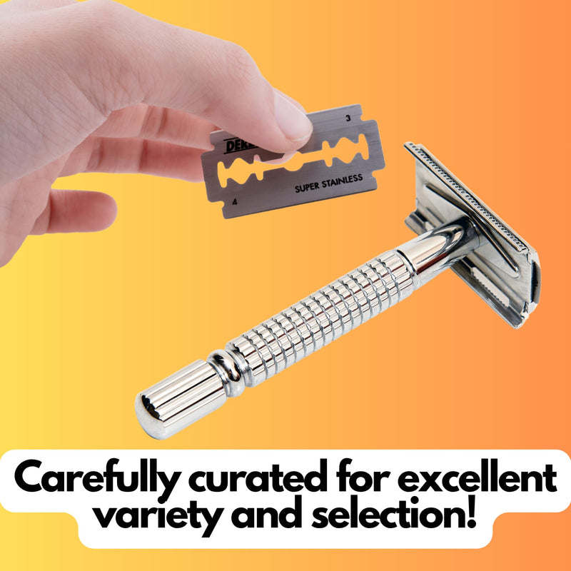 GENTS Double Edge Safety Razor Blade Variety Pack – 80 Platinum Coated Razor Blades with Styptic Powder for Nicks & Cuts + Leather Razor Head Sleeve Cover – Premium Wet Shaving Essentials for Men