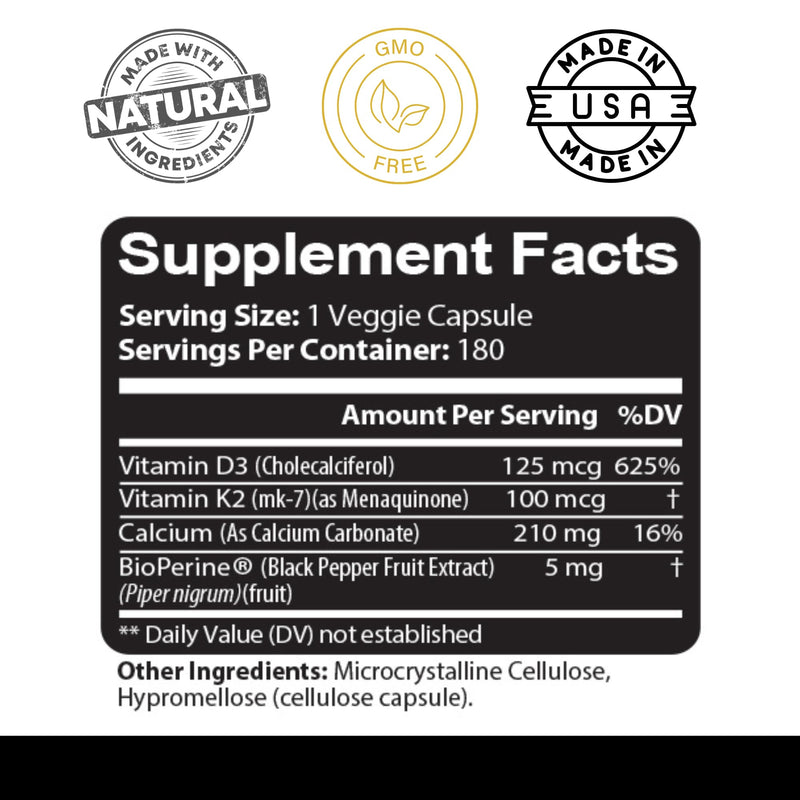 Kaya Naturals Vitamins K2 with D3 5000IU Supplement for Men and Women - Easy to Swallow - Bioperine Capsules (180 Count (Pack of 1) 180 Count (Pack of 1)
