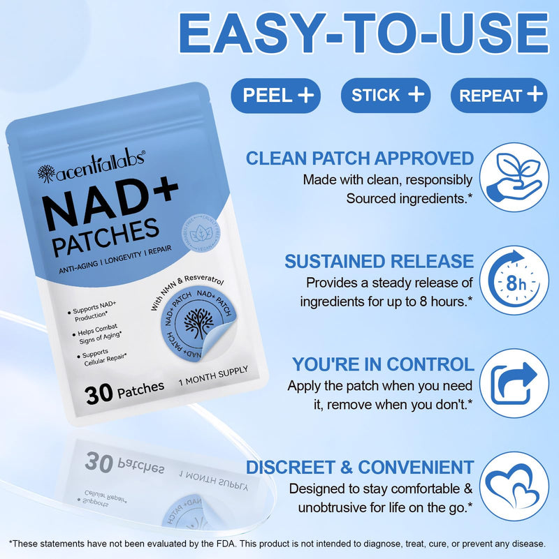 NAD+ Patches 30 Count | NMN & Resveratrol Supplement | Anti-Aging Support | Cellular Repair & Energy Boost | Skin-Friendly 8-Hour Sustained Transdermal Release | Vegan Cruelty-Free Paraben-Free