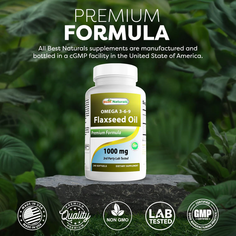 Best Naturals Flaxseed Oil 1000 mg 240 Softgels - Omega-3-6-9 for Heart Health | Great Source of Omegas