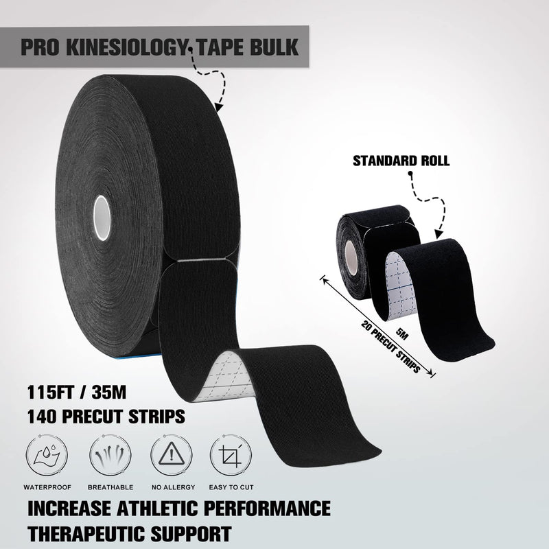 [Australia] - Pro Kinesiology Tape Precut Bulk, 115Ft Athletic Tape for Muscle Joint Support, 140 Strips for Knee Wrist Back Shoulder, Black 