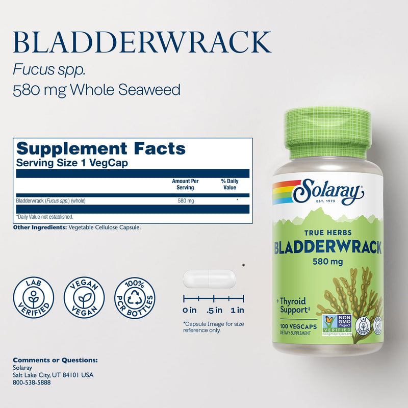 [Australia] - SOLARAY Bladderwrack Seaweed 580 mg Healthy Thyroid Balance, Supports Non-GMO & Vegan 100 VegCaps 100 Count (Pack of 1) 