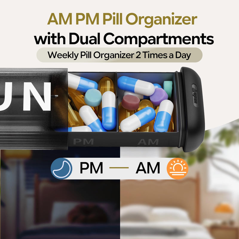 Daviky Weekly Pill Organizer 2 Times a Day, AM PM Removable Pill Box 7 Day | XL Cute Pill Case, Large Date Label, Slide to Open, Silicone Moisture-proof, Easy to Use for Fish Oil or Vitamins, Black