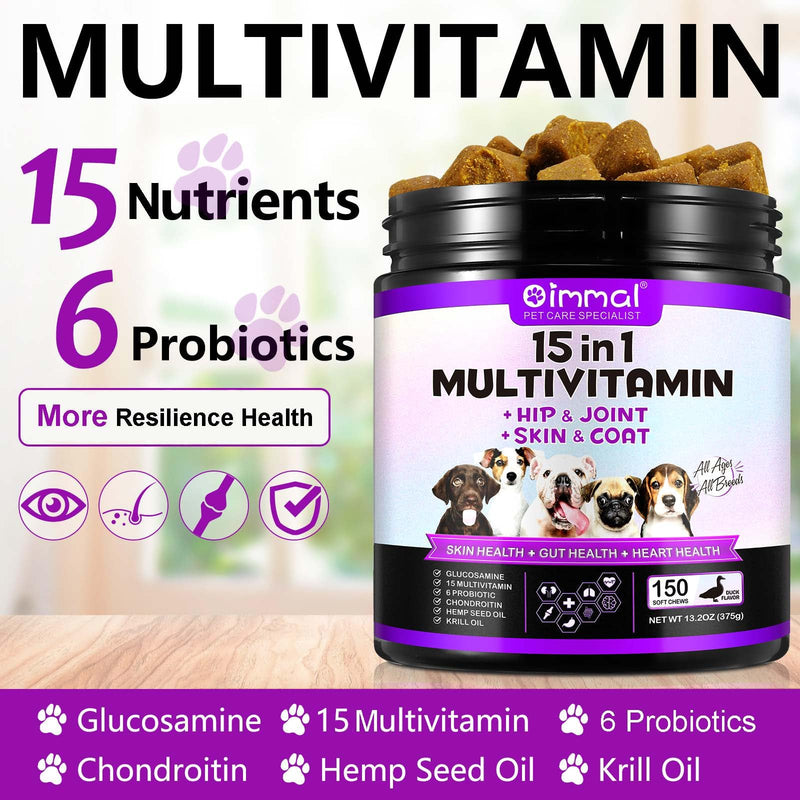 15 in 1 Dog Vitamins Supplements -150PCS-Multifunctional Supplements for Dogs-Glucosamine Chondroitin for Joint Support with Probiotics for Gut & Immune Health and Skin & Heart Health - PawsPlanet Australia