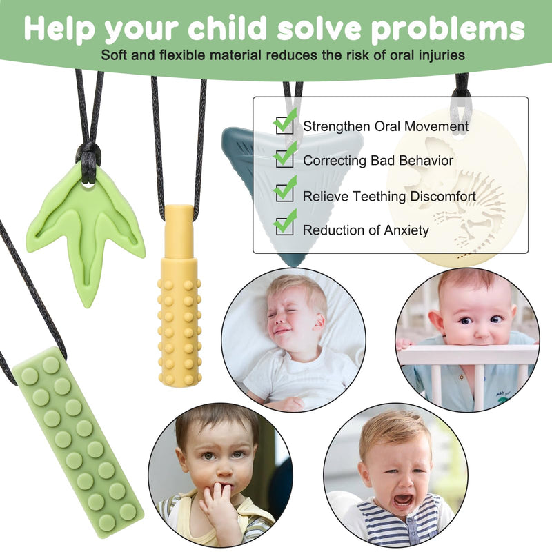 [Australia] - Sensory Chew Necklaces for Aggressive Chewers - Silicone Chewelry for Autism, ADHD, Oral Motor Therapy & Baby Teething - Dinosaur (BPA-Free, Textured Surface) Beige, Yellow, Gray, Green, Light Green 