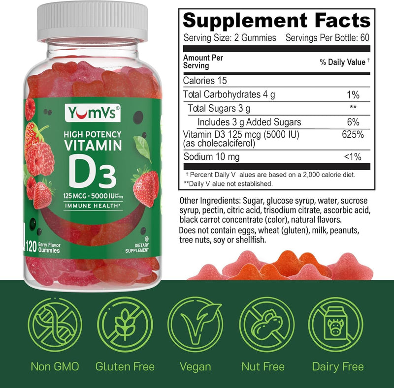 YUM-V'S Vitamin D3 Gummies 5000 IU 125mcg D3 Gummies - Support Immune Support, Strong Bone Health - Non-GMO, Gluten-Free, Dairy-Free, Vitamin D Gummy (60 Count) 60 Count (Pack of 1)
