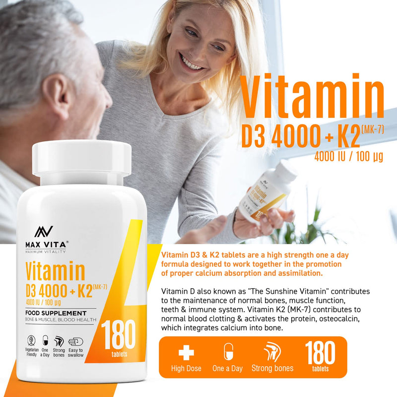 Vitamin D3 4000 IU K2 MK-7 100mcg High Strength VIT D3 K2 Menaquinone from Natto Bones Muscle Teeth Blood Calcium Levels Immune System Support 180 Tablets