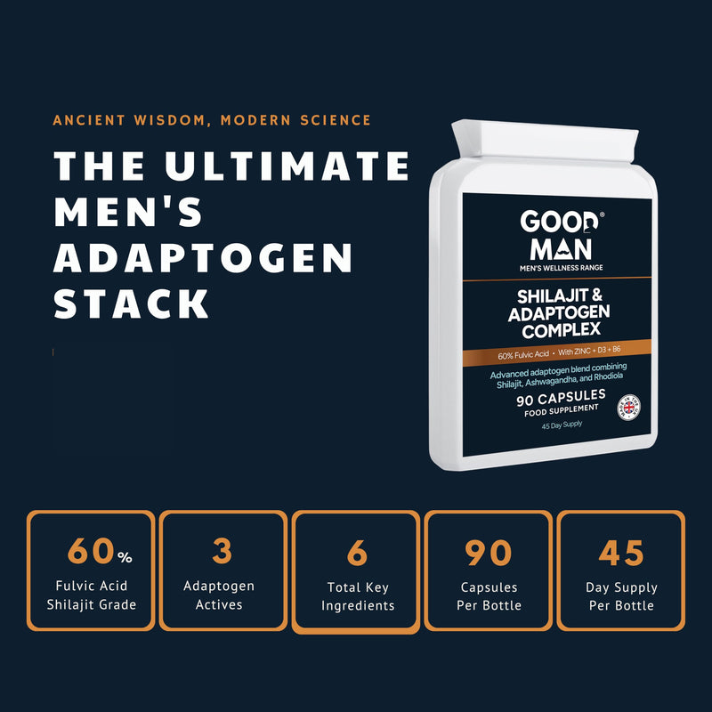 Good Man Shilajit Complex Capsules | 60% Fulvic Acid with Ashwagandha, Rhodiola, Zinc, Vitamin D3 & B6 | Adaptogen Supplement for Energy & Cognitive Support | Veg | 90 Capsules | UK Manufactured