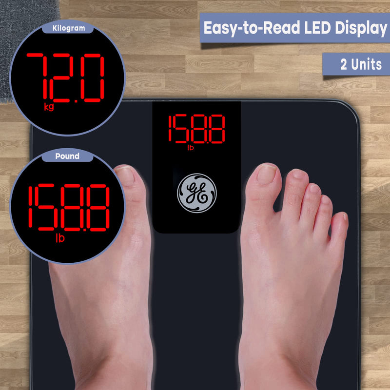 GE Digital Smart Bathroom Scale - Accurate Bluetooth Body Weight and BMI - Electronic Black Scale, 400lb Capacity 11" x 11"