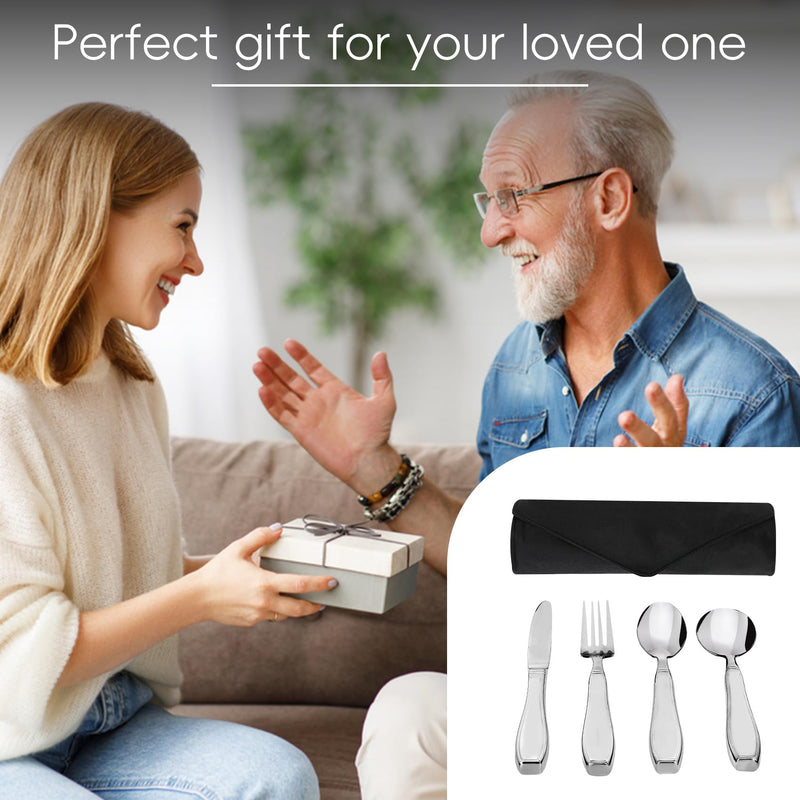 [Australia] - Weighted Utensils for Hand Tremors and Parkinson's Patients - 4 Piece Set of Heavy Stainless Steel Silverware for Elderly, Arthritis, Weak Hand Grip - Includes Knife,Fork,Spoons with Travel Bag,7 Oz 