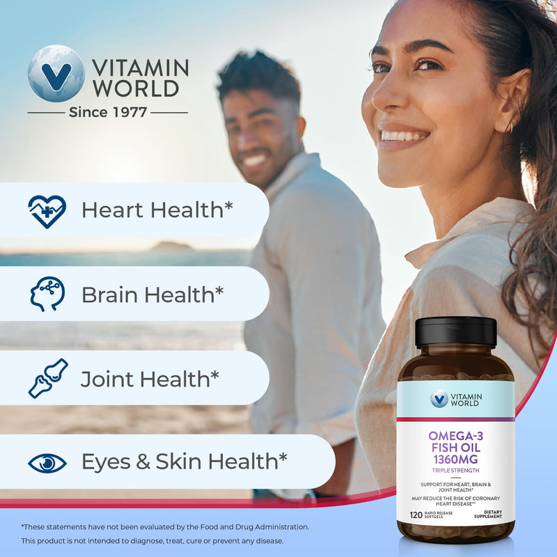 Vitamin World Triple Strength Omega 3 Fish Oil 1360 mg, 120 Softgels | High Potency Omega 3s with EPA & DHA 950 mg, Supports Heart, Brain & Joint Health, Gluten Free, 4 Months Supply 120 Count (Pack of 1)