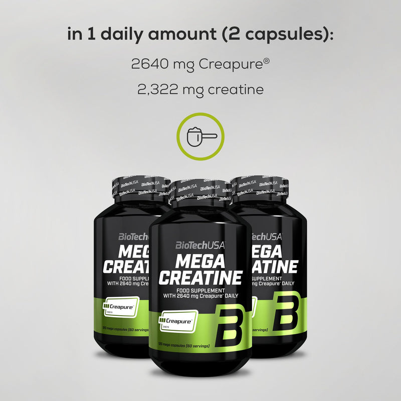 BioTechUSA Mega Creatine | Creapure® Creatine Monohydrate | High-Absorption Capsules | Lactose & Gluten-Free | 60-Day Supply | Ideal for Athletes & Active Adults | 120 mega Capsules