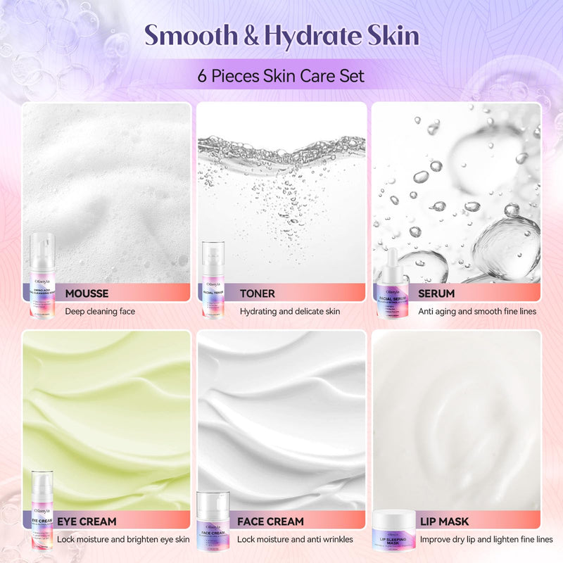 Collagen Retinol Skincare Set, 6 Pcs Anti-Aging Skin Care Set with Hydrating Cleanser, Eye Cream, Toner, Cream & Lip Mask, Facial Kit for Women, Birthday Gift for Her Collagen & Retinol