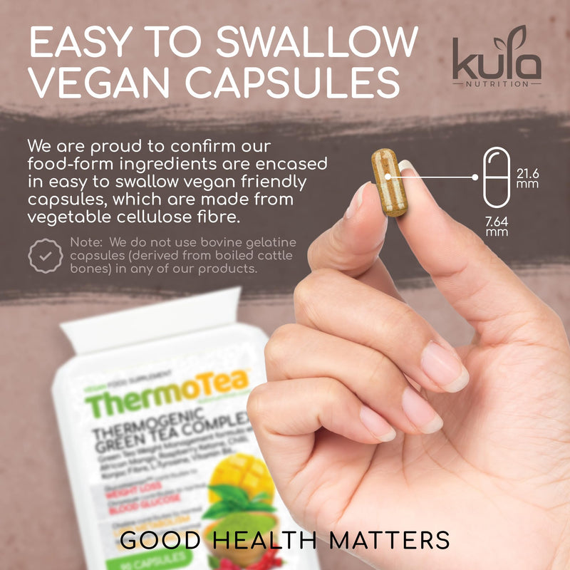ThermoTea - Thermogenic Green Tea Complex for Weight Management with Glucomannan Konjac Soluble Fibre, Raspberry Ketones, African Mango, Chilli, L-Tyrosine, Vitamin B6 and Chromium - 90 Vegan Capsules