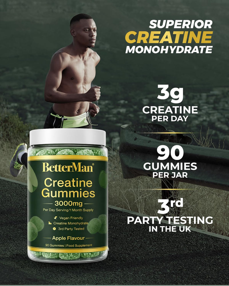 Premium Creatine Gummies 3000mg – High Strength 3rd Party Tested Creatine Monohydrate for Muscle Growth, Strength & Performance – Apple Flavour – 90 Gummies