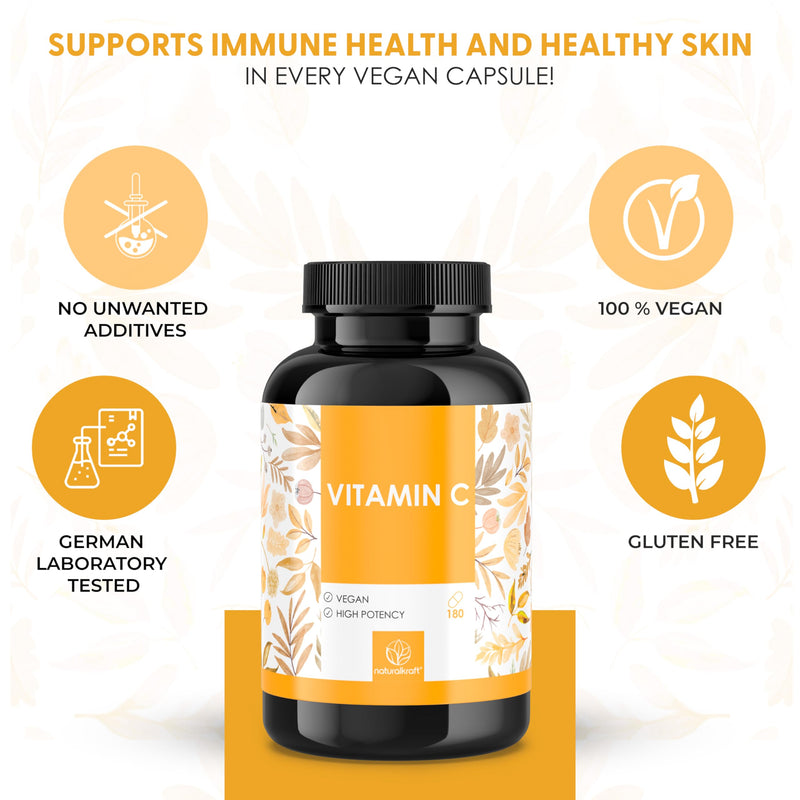 Vitamin C 1000 mg per Daily Serving with Sunflower Phospholipid Powder and Rosehip Extract – 180 Vegan Capsules – Higher Bioavailability, German Lab-Tested, and Free from Additives