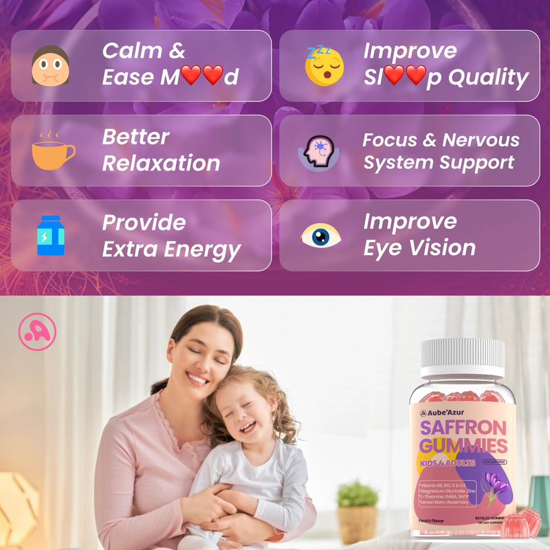 Saffron Gummies for Kids, Nerve & Focus Support, Saffron Supplements,60 Ct | 15-in-1 fomula with B6, B12, C, D3, Magnesium Glycinate, Zinc for Rest. Sugar Free, Peach Flavor. Vegan, Non- GMO