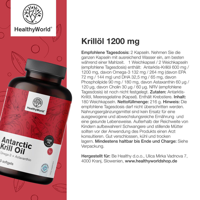 [Australia] - HealthyWorld® Krill Oil 1200 mg - 180 soft capsules - Omega-3 + Astaxanthin - Without gluten, lactose and artificial flavors - 3-month supply - Supports heart and circulatory function 