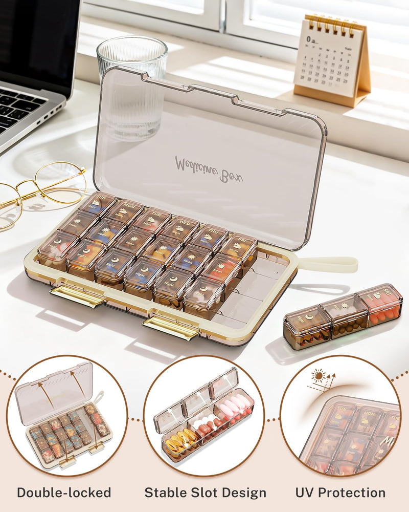 Weekly Pill Organizer 3x a Day - 7 Day Pill Box with 21 Compartments (Morning/Noon/Night), BPA-Free Daily Pill Case, Portable Medicine Organizer for Vitamins, Supplements & Medication【Upgrade】 (Brown) Brown