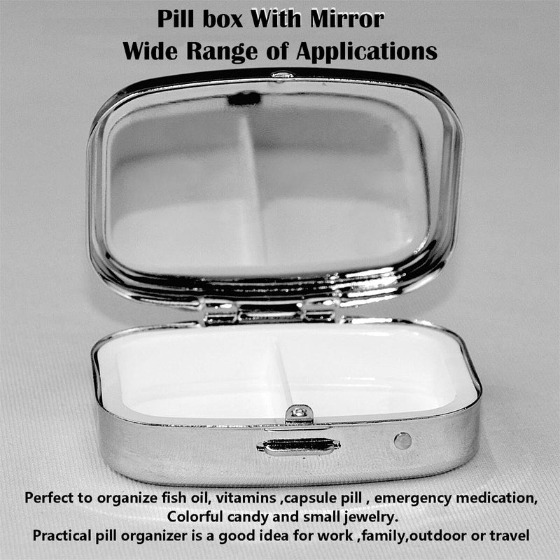 ABLESKY Pill Box, 2 Compartment Pill Organizer Case for Pocket or Purse, Small Portable Metal Travel Medicine Box with Mirror, Daily Vitamins Fish Oil Container-Cherry Pink Bow with Red Lips Cherry Pink Bow With Red Lips