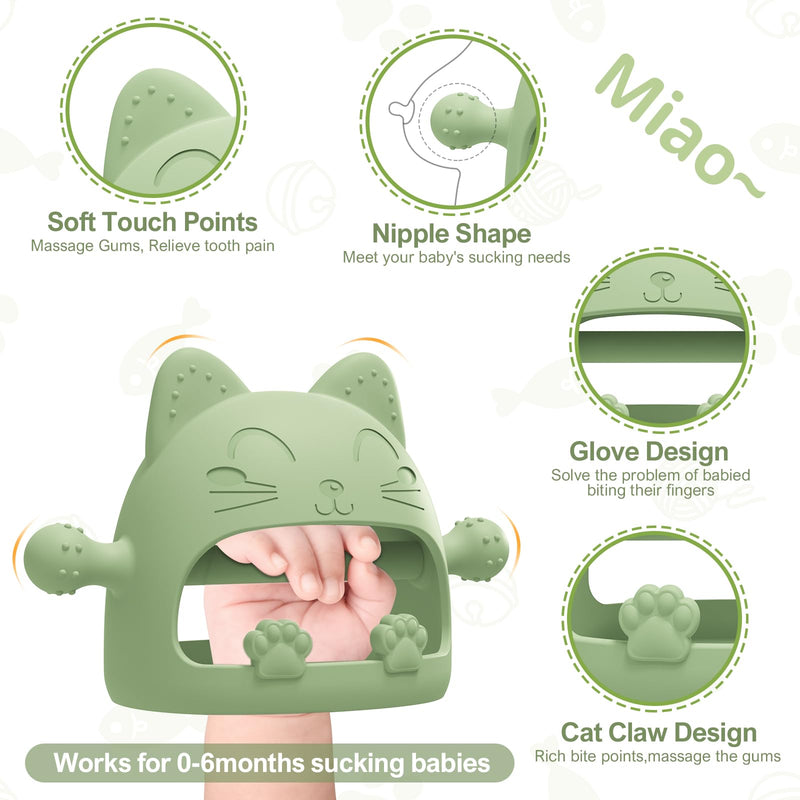 Baby Teethers 0-6 Months,Teething Toys for Babies 0-6 Months,Never Drop Baby Chew Toys for Teething Relief,Infant Hand Teether Pacifiers for 0-6 Months,Ideal Baby Toys Gifts for New Moms(Cartoon Cat) Avocado