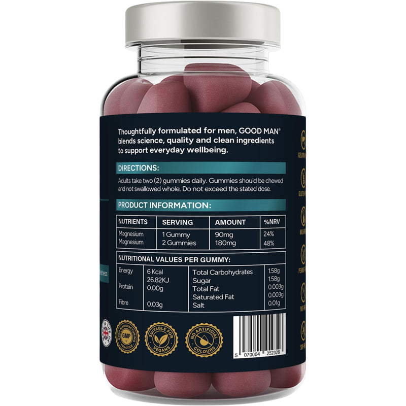 Good Man Magnesium Gummies 180mg for Men | Magnesium Supplement for Muscle Function & Fatigue Reduction | Energy Metabolism Support | Natural Berry Flavour | Vegan | 60 Gummies | UK Manufactured
