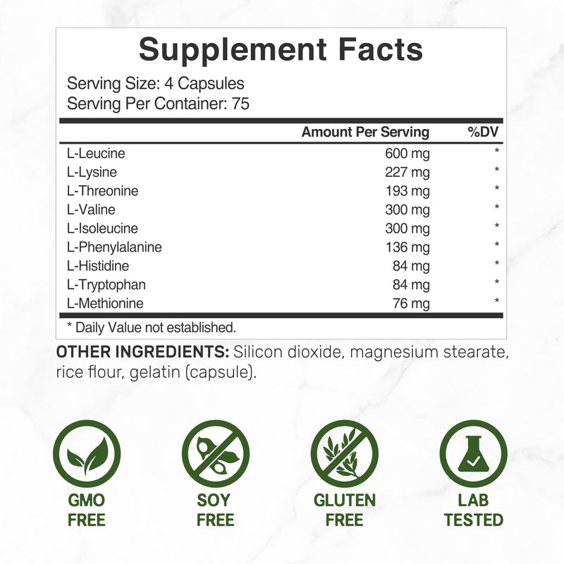 [Australia] - Essential Amino Acids (EAA) 2000mg Per Serving, 300 Capsules – Unflavored - 9 in 1, All BCAAs (Branched-Chain Aminos) – Lean Muscle Support & Natural Pre Workout Supplement 