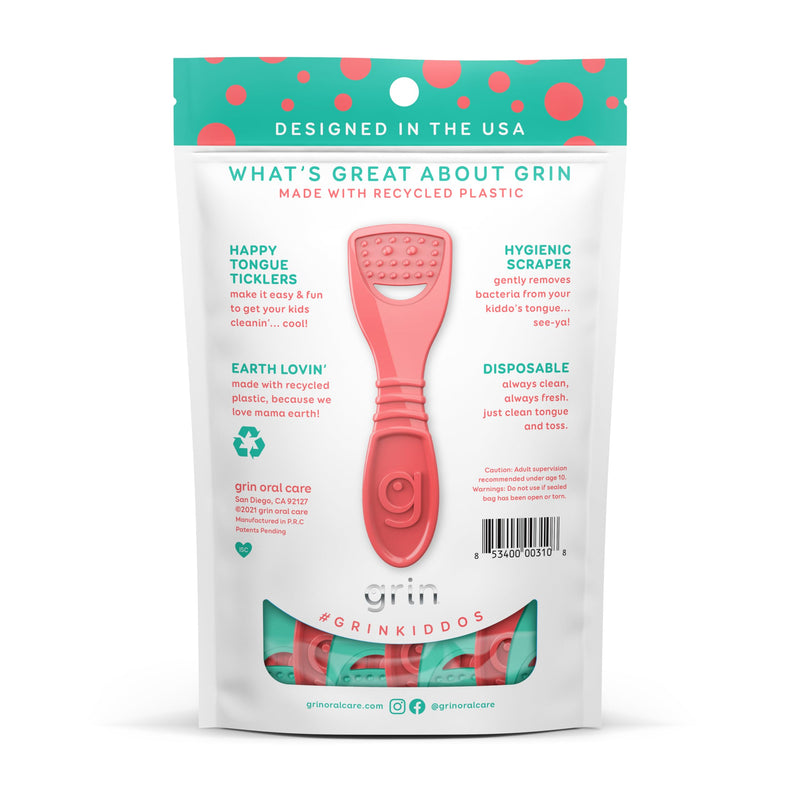 [Australia] - GRIN Kiddo Tongue Cleaner, 32 Count, Disposable Tongue Cleaner, Hygienic Scraper, Jumbo Grip, Recycled Plastic, Keep Kiddos Healthy, Promote Fresh Breath 32 Foot (Pack of 1) 