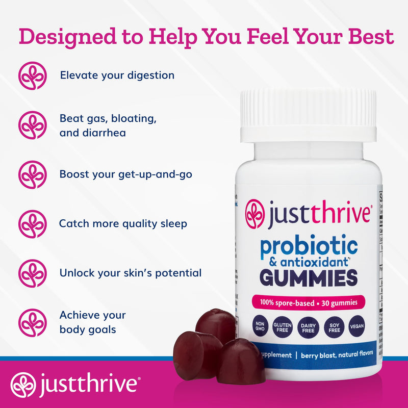 Just Thrive Probiotic Gummies for Kids & Adults Digestive & Immune Support | 30 gummies, For kids, women and men, Convenient daily probiotic support for digestive health, immune health and wellness 30 Count (Pack of 1)