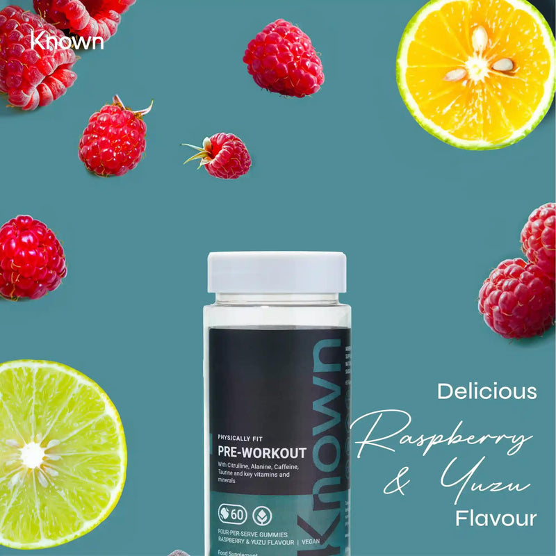 [Australia] - Known Delicious Pre-Workout Gummies – 80mg Caffeine, B Vitamins – Natural Raspberry & Yuzu Flavor – 60 Vegan Gummies, 15 Servings 