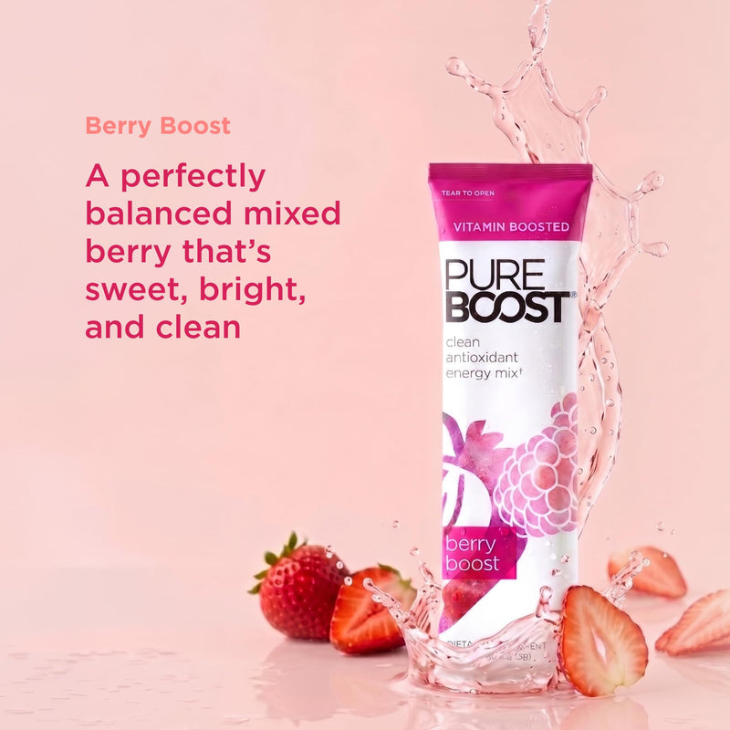Pureboost Sugar-Free Clean Energy Booster Drink Mix, Berry Boost 30ct | B12 vitamins, low sodium electrolytes & antioxidants. 25 vitamins and minerals. No sucralose. 30 Count