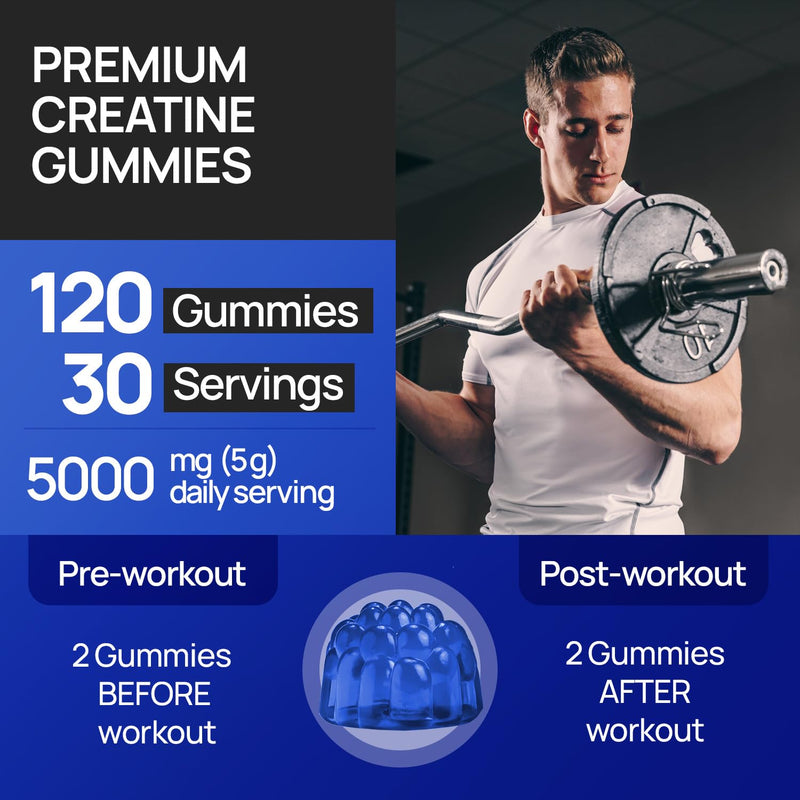 Creatine Monohydrate Gummies 5000mg - Sugar Free Vegan Pre Workout Chews - BCAAs 500mg, L-Carnitine 500mg - Gym Supplement for Men and Women, Blueberry, 120 Count 120 count (Pack of 1)