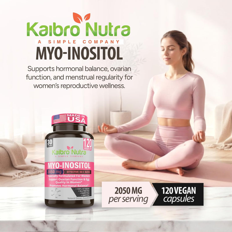 Kaibro Nutra Myo-Inositol & D-Chiro Inositol 40:1 Supplement - 2050mg | Hormone Balance & Ovarian Support for Women with Vitamin B8, Vegan, Non-GMO (120 Capsules) 120 Count (Pack of 1)