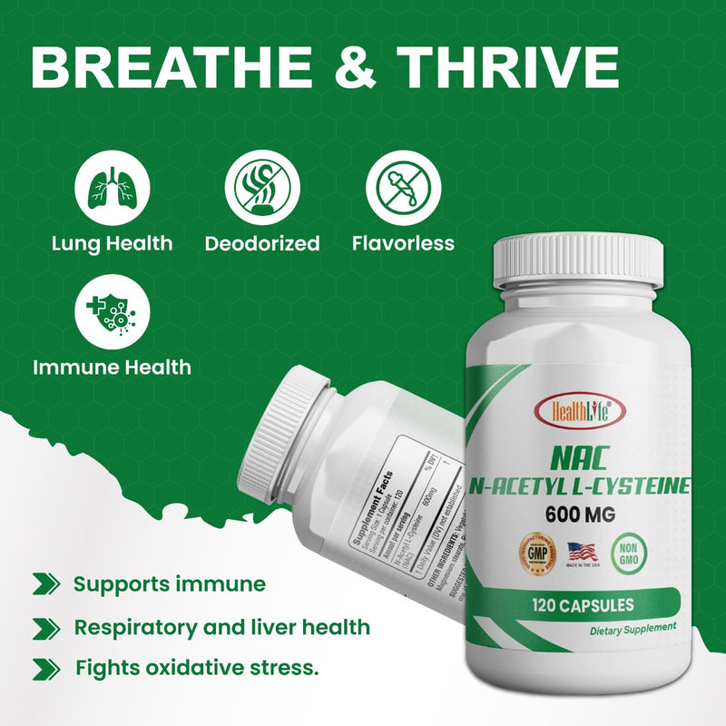 [Australia] - HealthLife N-Acetyl L-Cysteine (NAC) 600mg, 120 Capsules - Non-GMO, Gluten Free, 120 Servings 