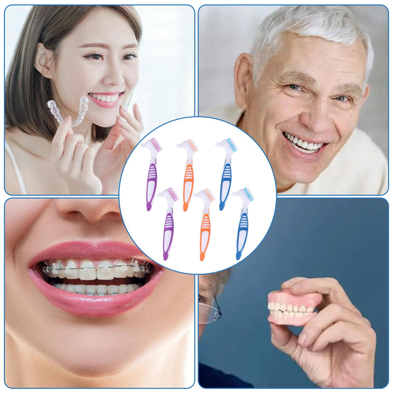[Australia] - Pack of 6 double-sided denture cleaning brushes, denture brush, denture toothbrush, denture brush, toothbrush for dentures, ergonomic denture brush with multi-layer bristles (4 colors) 
