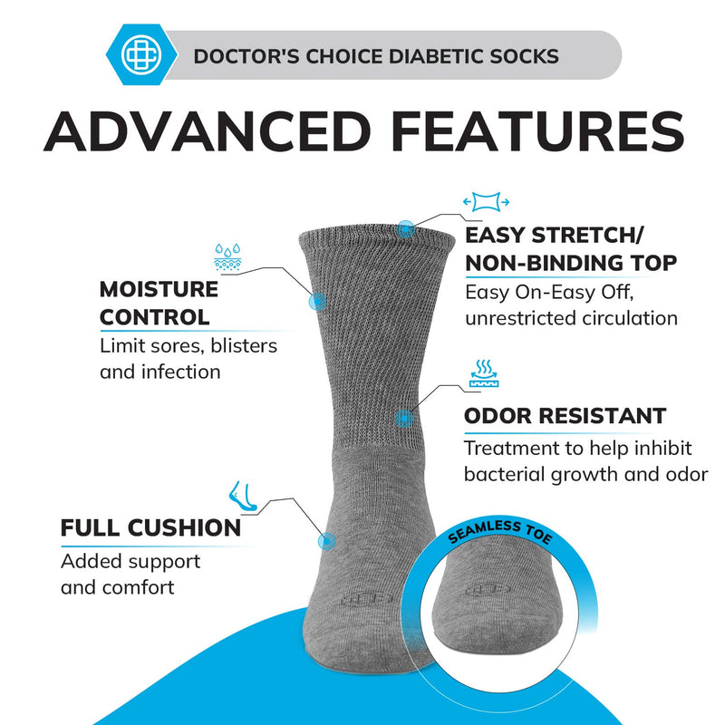 [Australia] - Doctor's Choice Men's & Women's Diabetic Socks, No Show, 4 Pairs, Multiple Sizes Large Grey/Crew 
