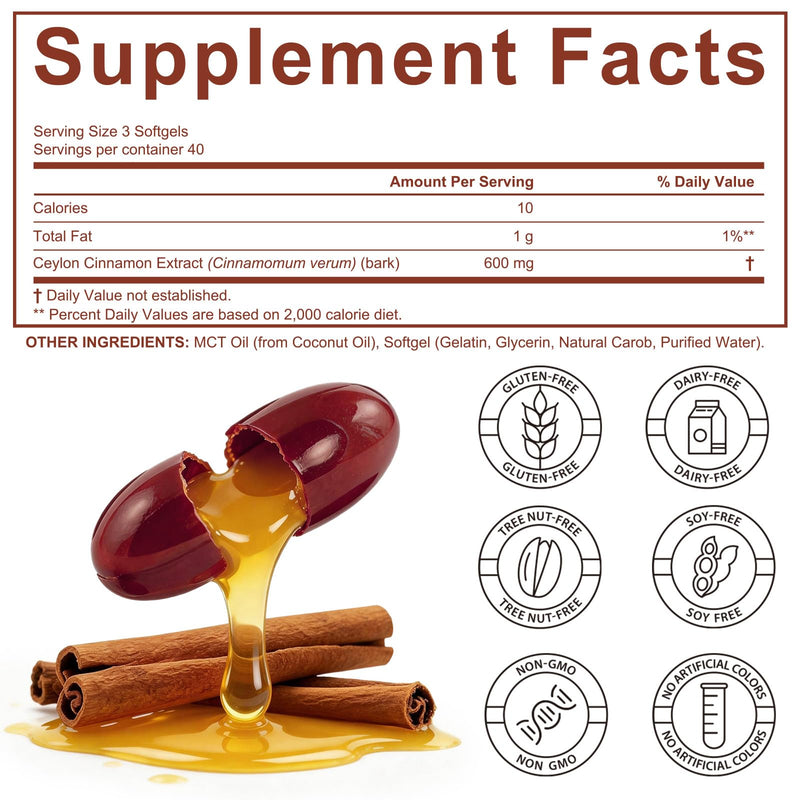 2 Bags Ceylon Cinnamon Softgels with MCT Oil – 600mg Cinnamomum Verum Extract, Easily Absorbed Formula for Daily Wellness Support, 120 Softgels, Non-GMO, Gluten Free Food Supplement