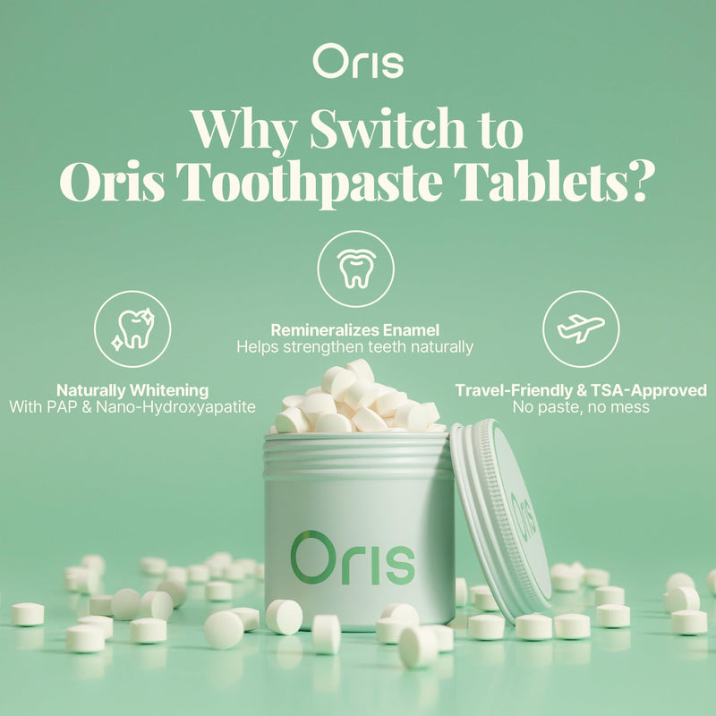 Oris Natural Toothpaste Tabs - Bite Toothpaste Tablets for Sensitive Teeth, TSA-Approved Plastic-Free & Kid-Friendly Zero Waste Travel Tabs - 62ct (Peppermint) Peppermint 62 Count (Pack of 1)
