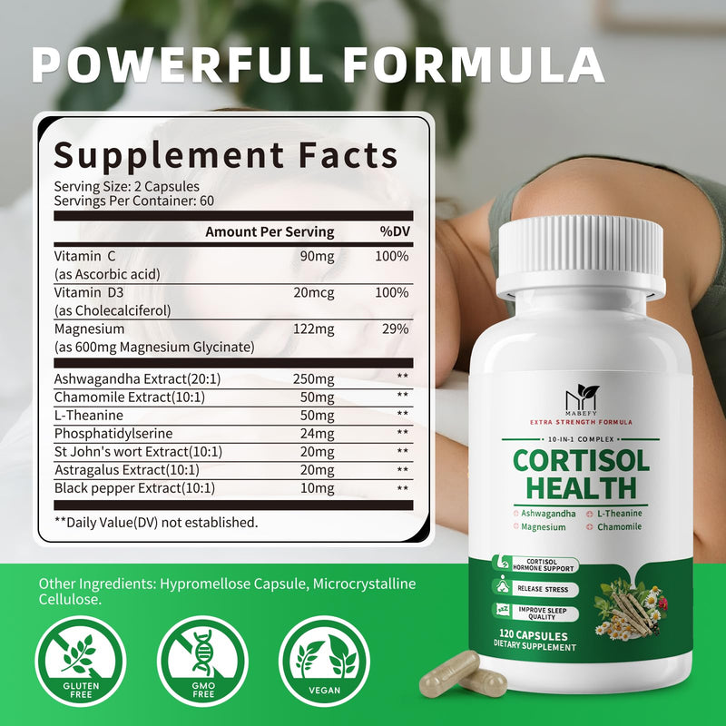 MABEFY Cortisol Supplements for Women/Men, 120 Capsules for 30 Days | 10 in 1 Cortisol Manager Reducer Lower Detox Balance with Magnesium, L-Theanine for Stress, Sleep, Calm, Mood Support 120 Count (Pack of 1)
