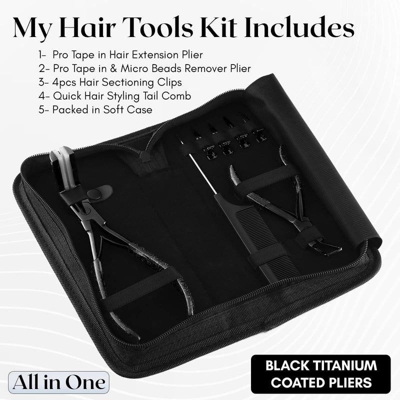[Australia] - Tape In Hair Extensions Tools Kit – Tape ins Flat Surface Plier, Micro Beads Remover Plier, Sectioning Clips, and Precision Styling Comb for Salon & Home Use (Black) Black 