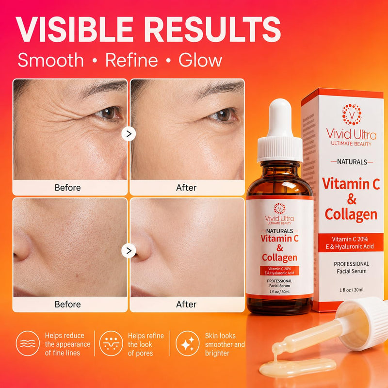 Vivid Ultra Vitamin C Serum for Face – Anti-Aging Serum with Hyaluronic Acid, Collagen & Vitamin E – Brightening Dark Spots, Firming Skin, Reducing Wrinkles & Acne Scars – 1 Fl Oz