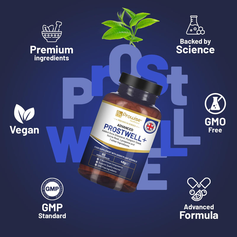 Advanced Prostwell Plus 60 Vegan Capsules Added Beta Sitosterol, Pumpkin Seed, Nettle Root, Lycopene and 7 Other Ingredients - Prostate Supplements for Men - Men Health Supplements by Prowise