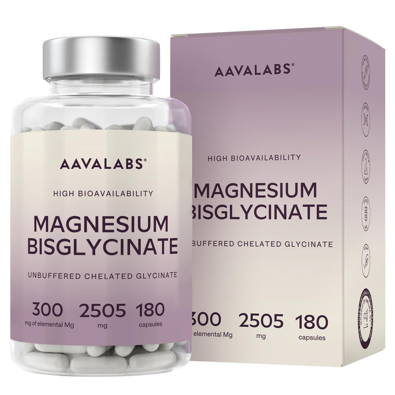 Chelated Magnesium Bisglycinate 2505mg per Daily Dose (Elemental 300 mg) - Unbuffered High Strength Magnesium Supplements for Women and Men –180 Capsules - Vegan